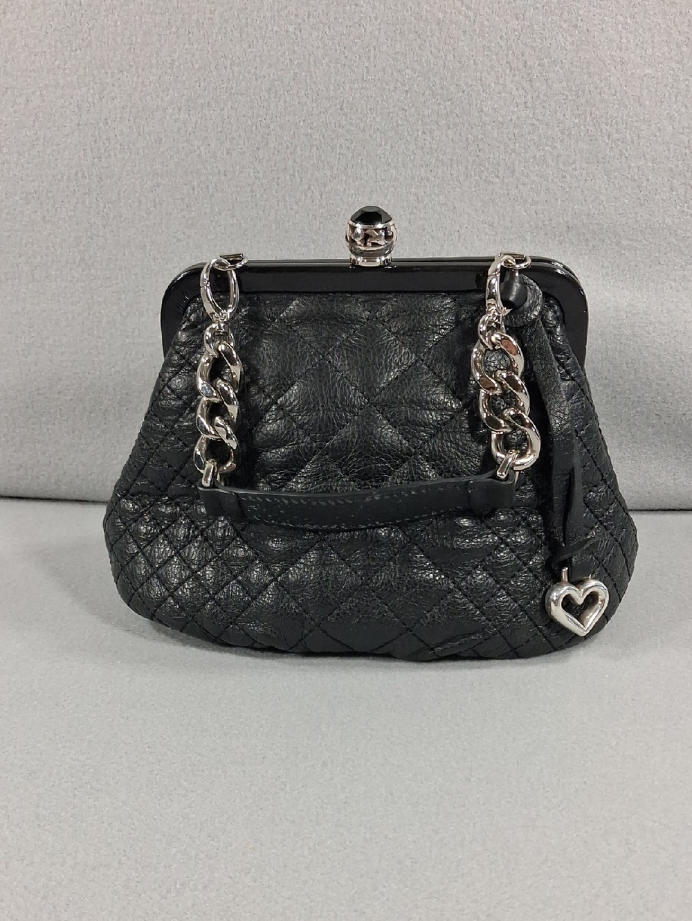 Brighton Black Leather Quilted Frame Clutch with Silver Chain